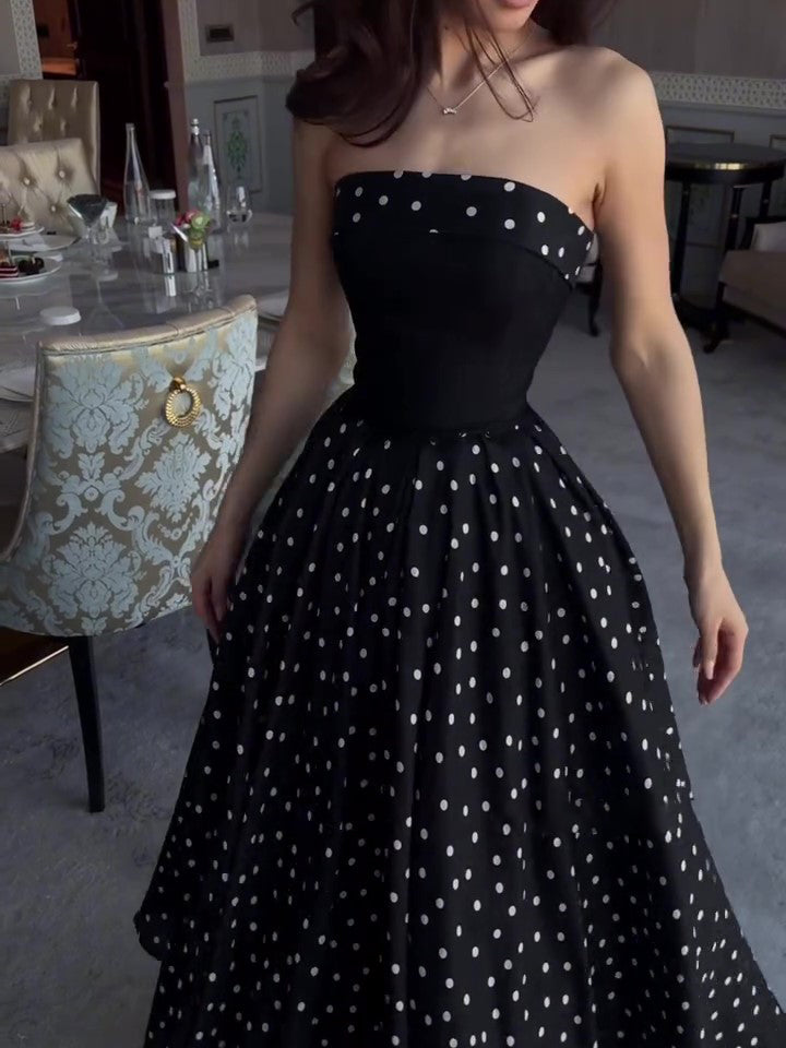 Black Strapless Polka Dot Full Skirt Maxi Dress NorixaFashion.com