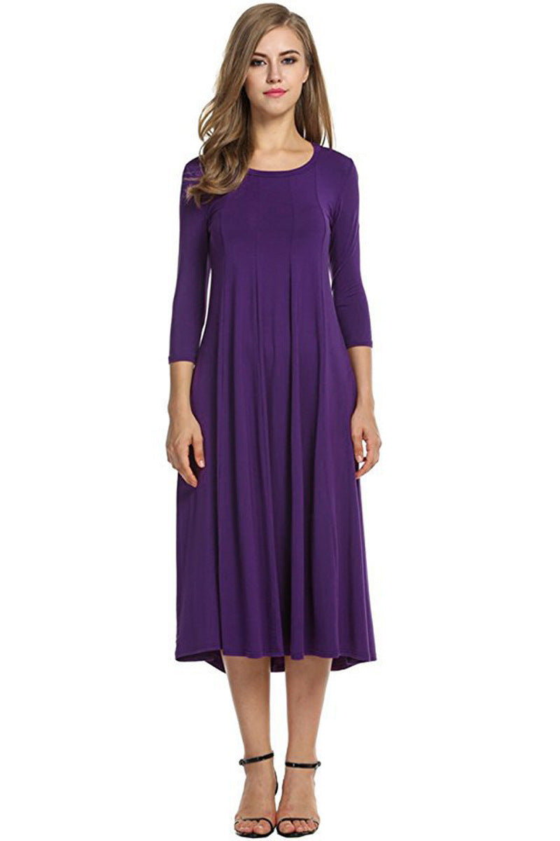 Crew Neck Sleeve Solid Color Swing Dress LuxuryLifeWay Online Store