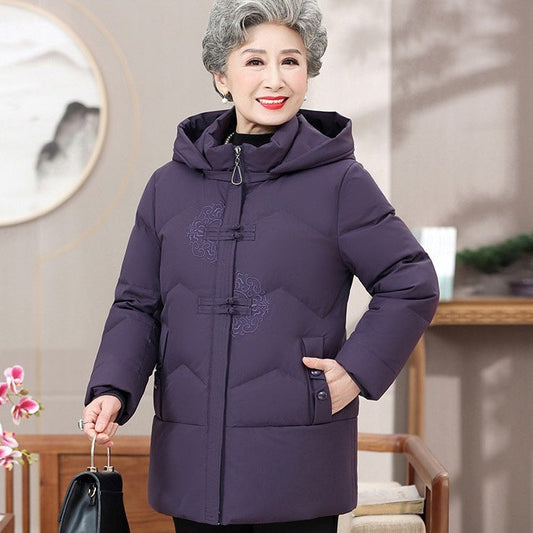 Middle-aged And Elderly Women's Dress White Duck Down Loose Warm Hooded Jacket Best YouTube Store