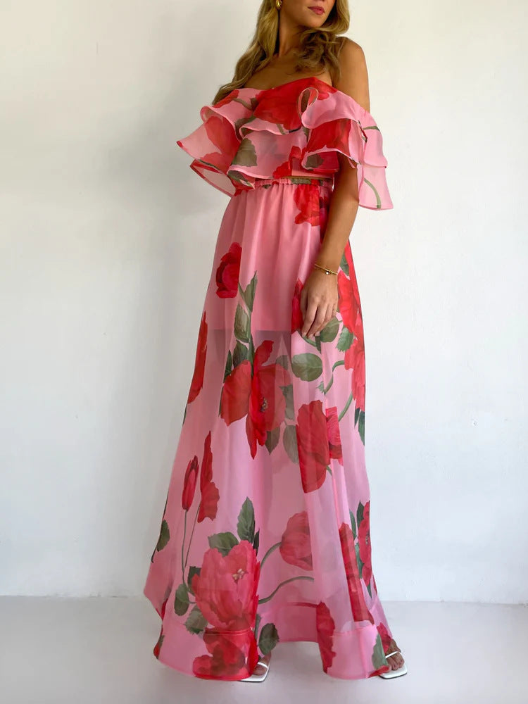 Sexy Strapless Irregular Print Ruffled Fashion Suit Long Dress NorixaFashion.com