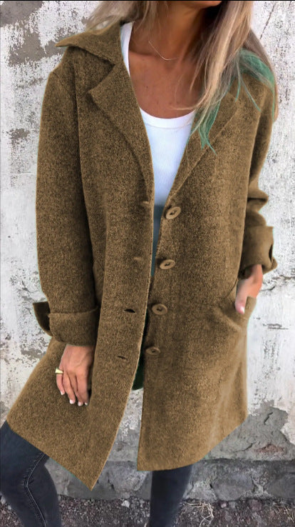 Lapel Single Breasted Cardigan With Pockets Fashion Color Solid Mid-Length Outwear Coat Womens Clothing LadyShow.Store