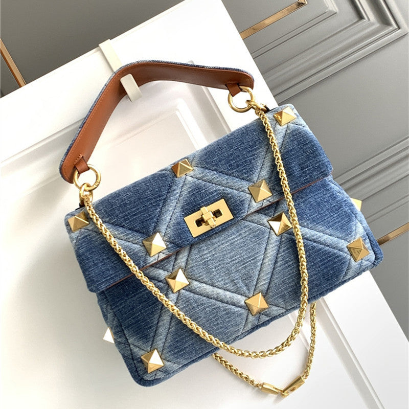 Denim With Cowhide Bag Large Rivet LadyShow.Store