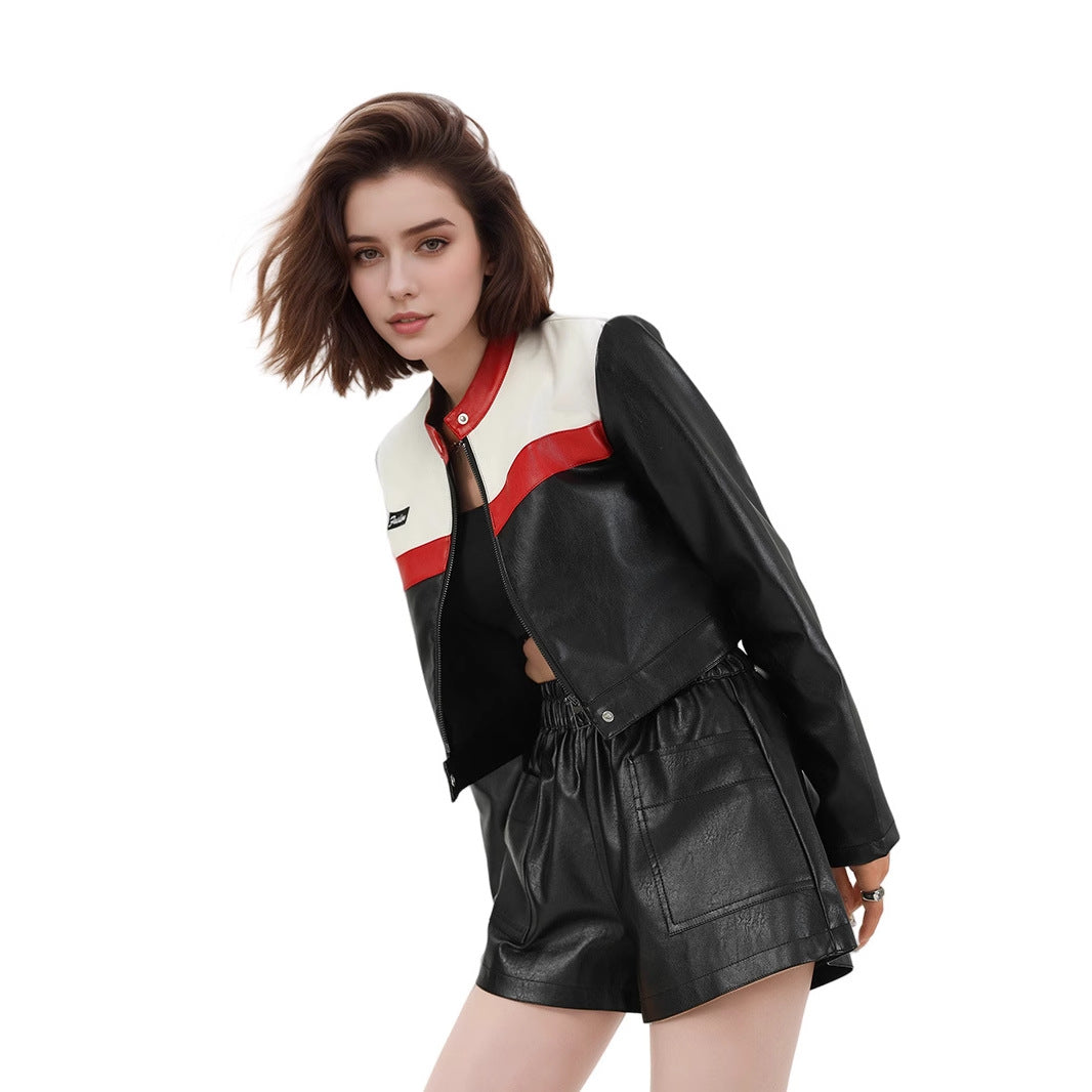 New Color Contrast Patchwork Motorcycle Clothing Pilot Jacket Short Version Coat LadyShow.Store