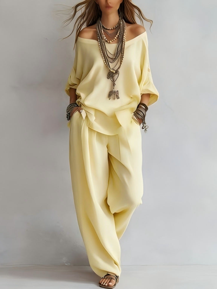 Off-shouder Suits Fashion Three-quarter Sleeves Top And Loose Pockets Wide-Leg Pants Set Women's Clothing NorixaFashion.com