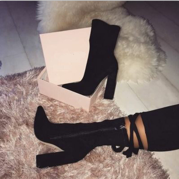 Nightclub Thick-heeled High-heeled Women's Boots Pointed Toe LadyShow.Store