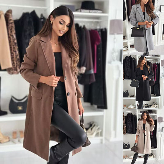 Lapel Single-breasted Wool Coat Winter Long Sleeve Solid Color Long Jacket Women Clothing LuxuryLifeWay Online Store