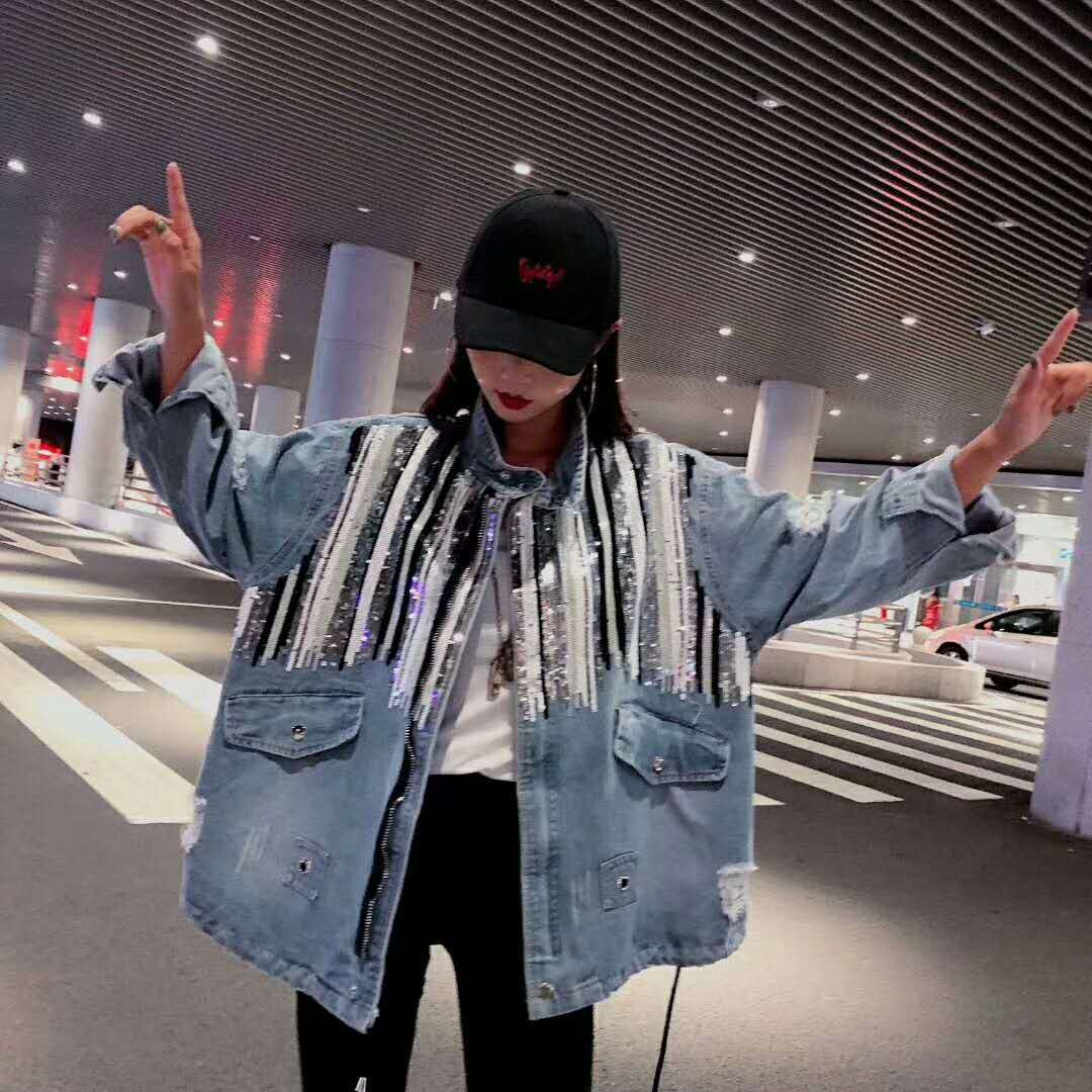 Striped Mid-length Denim Jacket Pi-Mart
