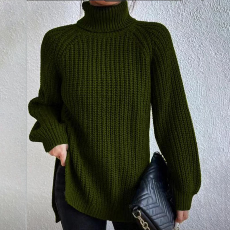 Turtleneck Pullover Sweater With Split Design Fashion Simple Solid Color Long Sleeve Tops Women's Clothing LadyShow.Store