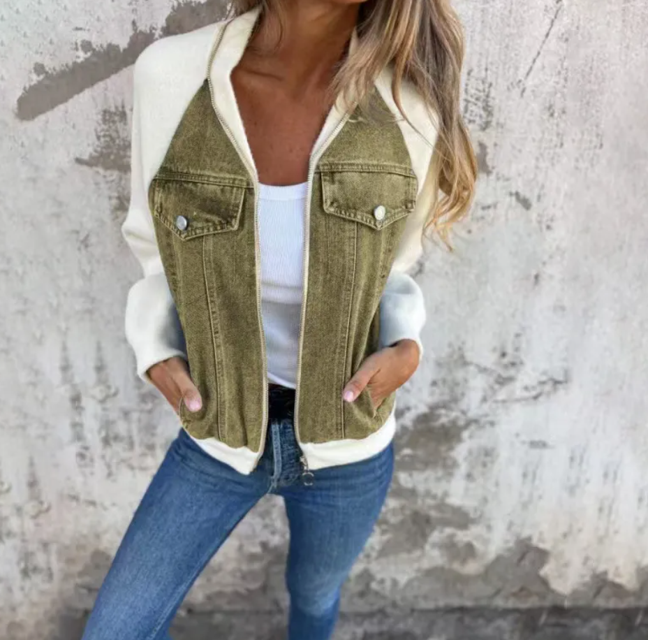 Women's Casual Hooded Denim Patchwork Jacket Pi-Mart