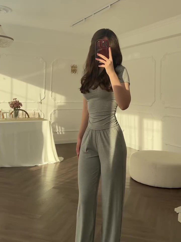 Casual Grey Short-sleeved Top & Wide-leg Pants Suit NorixaFashion.com