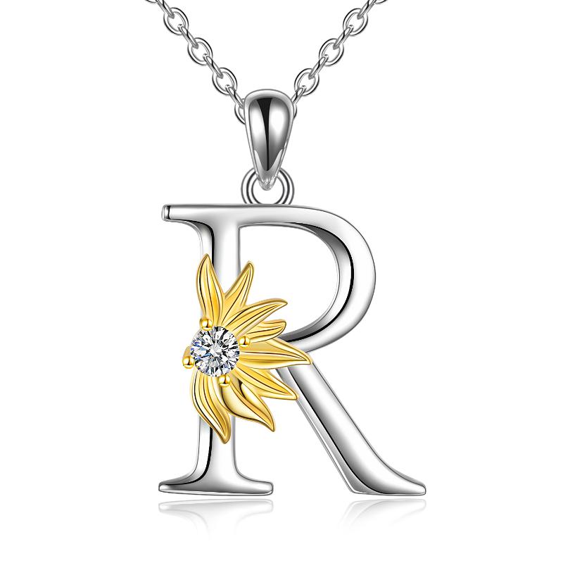 Sterling Silver Initial Alphabet Sunflower A Letter Script Name Pendant Necklace LadyShow.Store