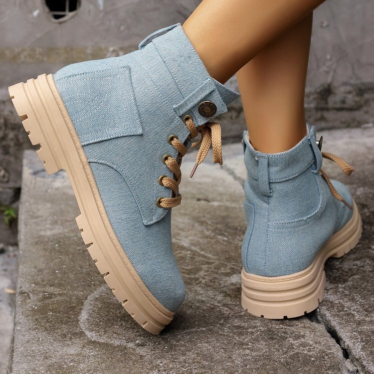 Lace-up Denim Ankle Boots Women Fashion Platform Cowboy Boots Casual Fashion Autumn Winter Round Toe Shoes LadyShow.Store