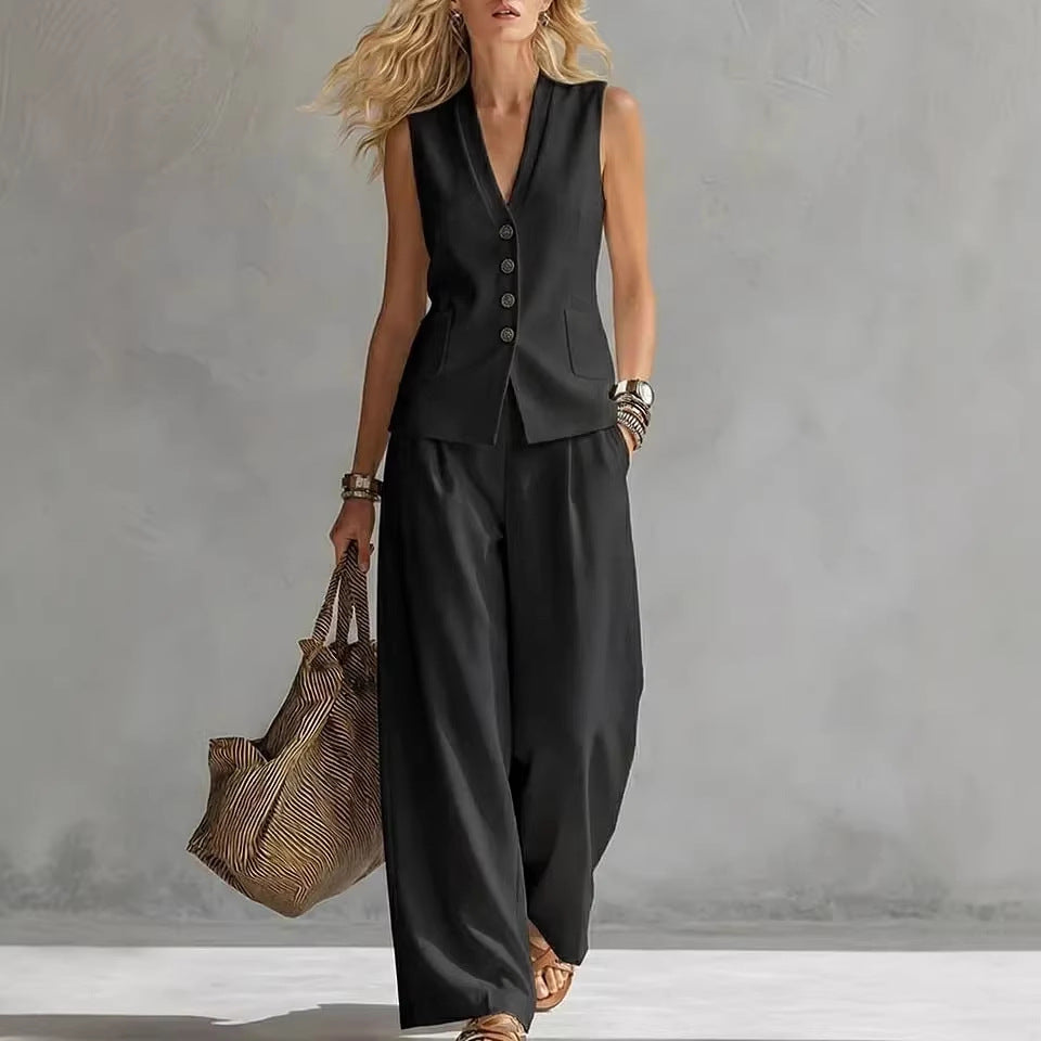 Two-piece V-Neck Sleeveless Vest And Wide Leg Pants For Women Summer Solid-Colored Sleeveless Casual Linen Tank Top And Pants Set NorixaFashion.com