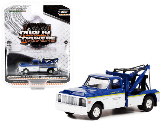 1972 Chevrolet C-30 Dually Wrecker Truck White and Blue with Yellow Stripes "Goodyear Tire Testing Division" "Dually Drivers" Series 10 1/64 Diecast Model Car by Greenlight LuxuryLifeWay Online Store