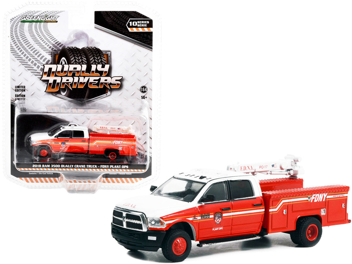 2018 Ram 3500 Dually Crane Truck Red and White with Stripes "FDNY (Fire Department of the City of New York) Plant Ops" "Dually Drivers" Series 10 1/64 Diecast Model Car by Greenlight LuxuryLifeWay Online Store