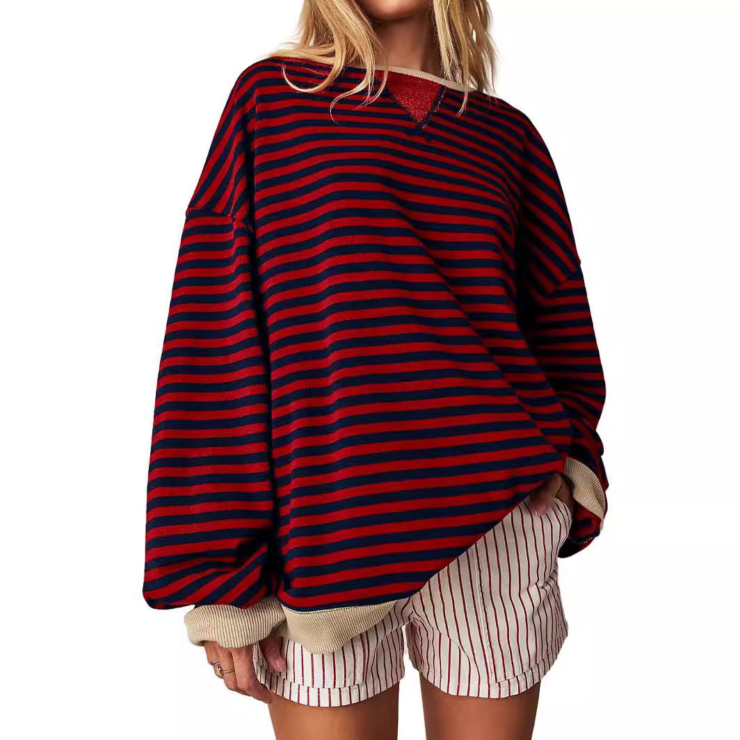 Women's Striped Embroidered Stitching Color-inserted Pullover Sweater CJD
