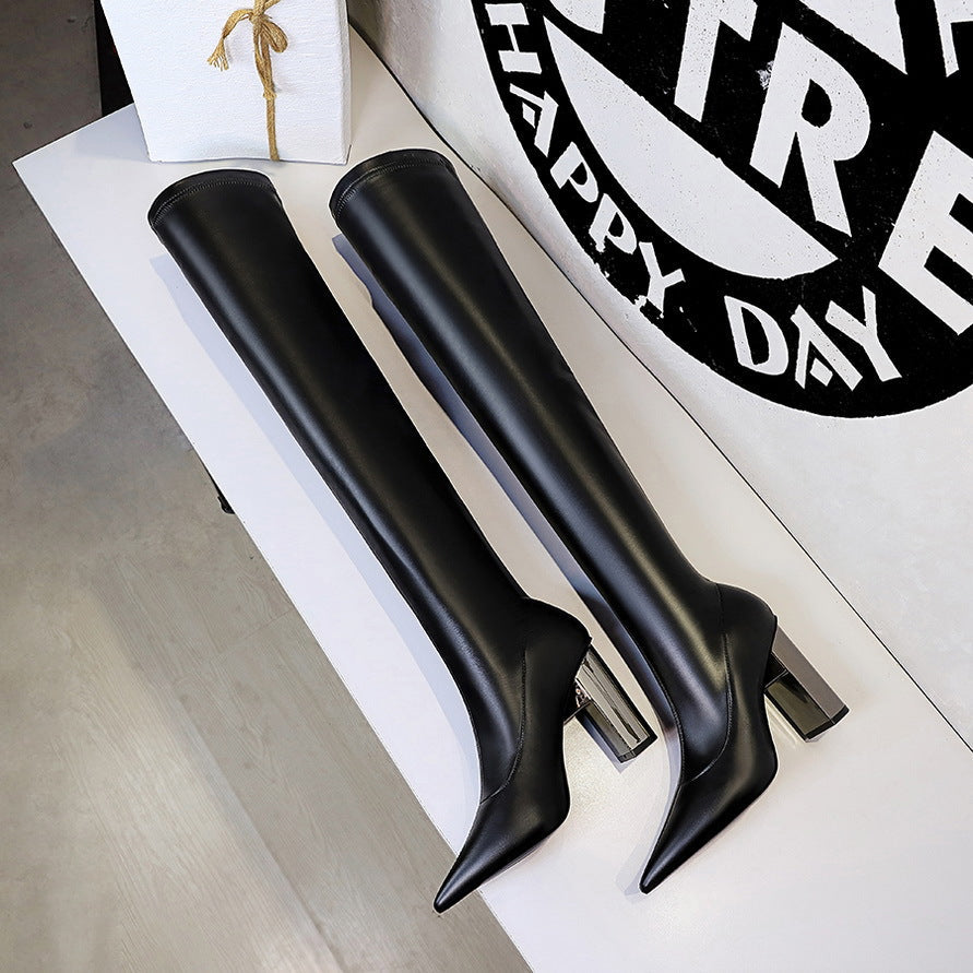 Women Thigh High Shoes  Pointed Toe  Over Knee Boots Square Heels LadyShow.Store
