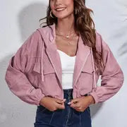 Casual Corduroy Hooded Jacket for Women - Loose Fit Pi-Mart