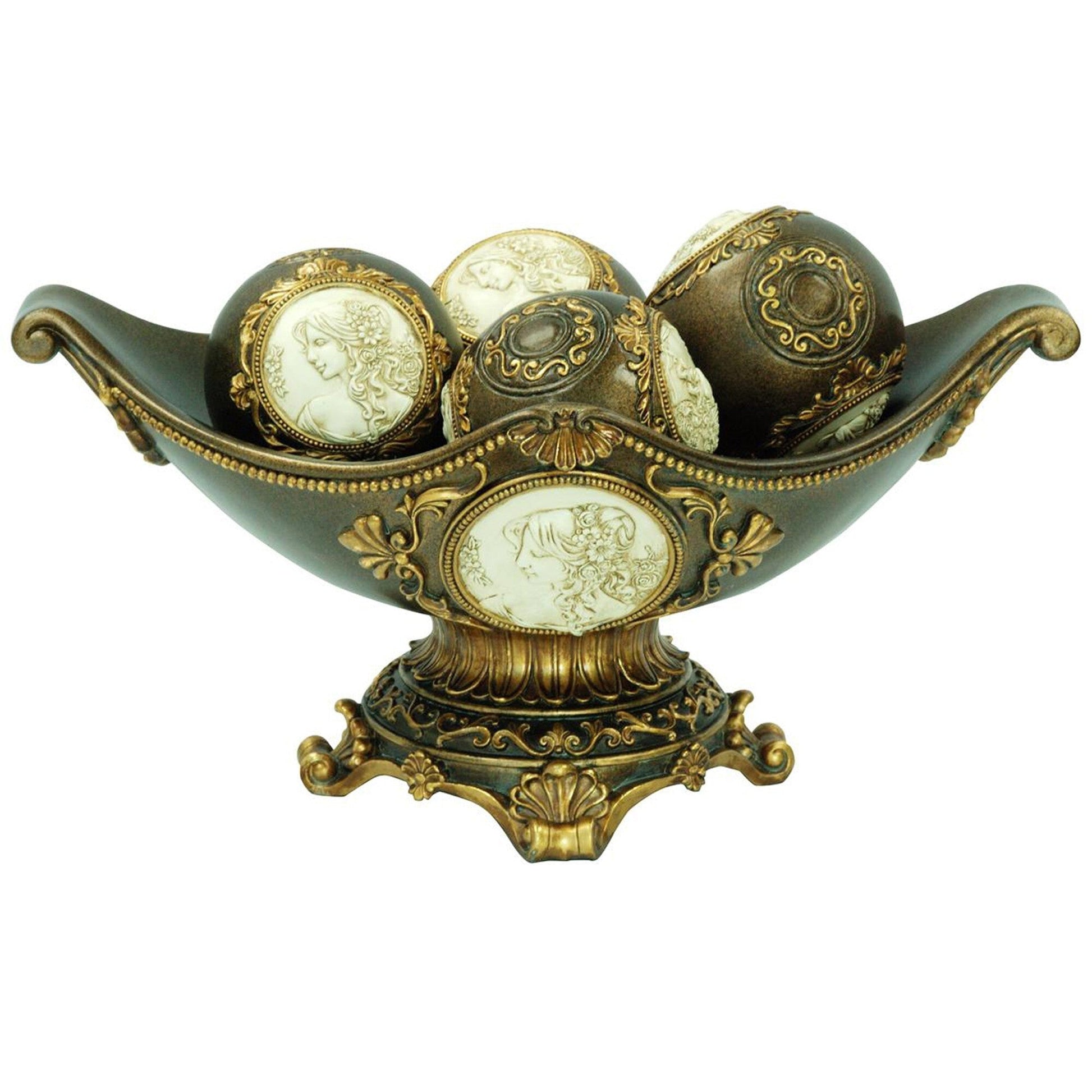 8" Bronze Polyresin Classical Greek Decorative Bowl With Orbs LuxuryLifeWay Online Store