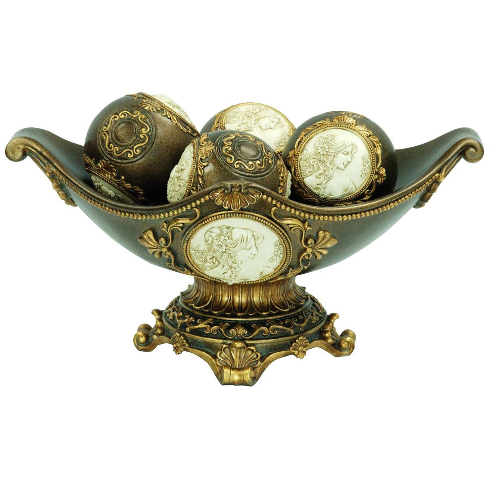 8" Bronze Polyresin Classical Greek Decorative Bowl With Orbs LuxuryLifeWay Online Store