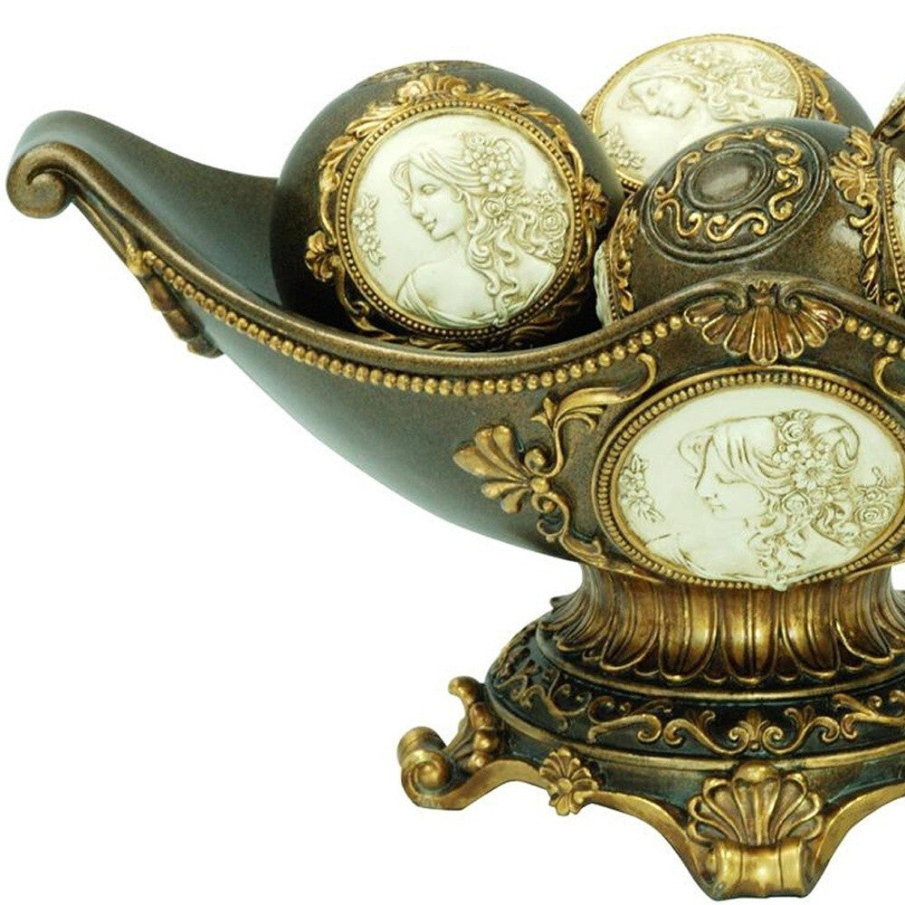 8" Bronze Polyresin Classical Greek Decorative Bowl With Orbs LuxuryLifeWay Online Store