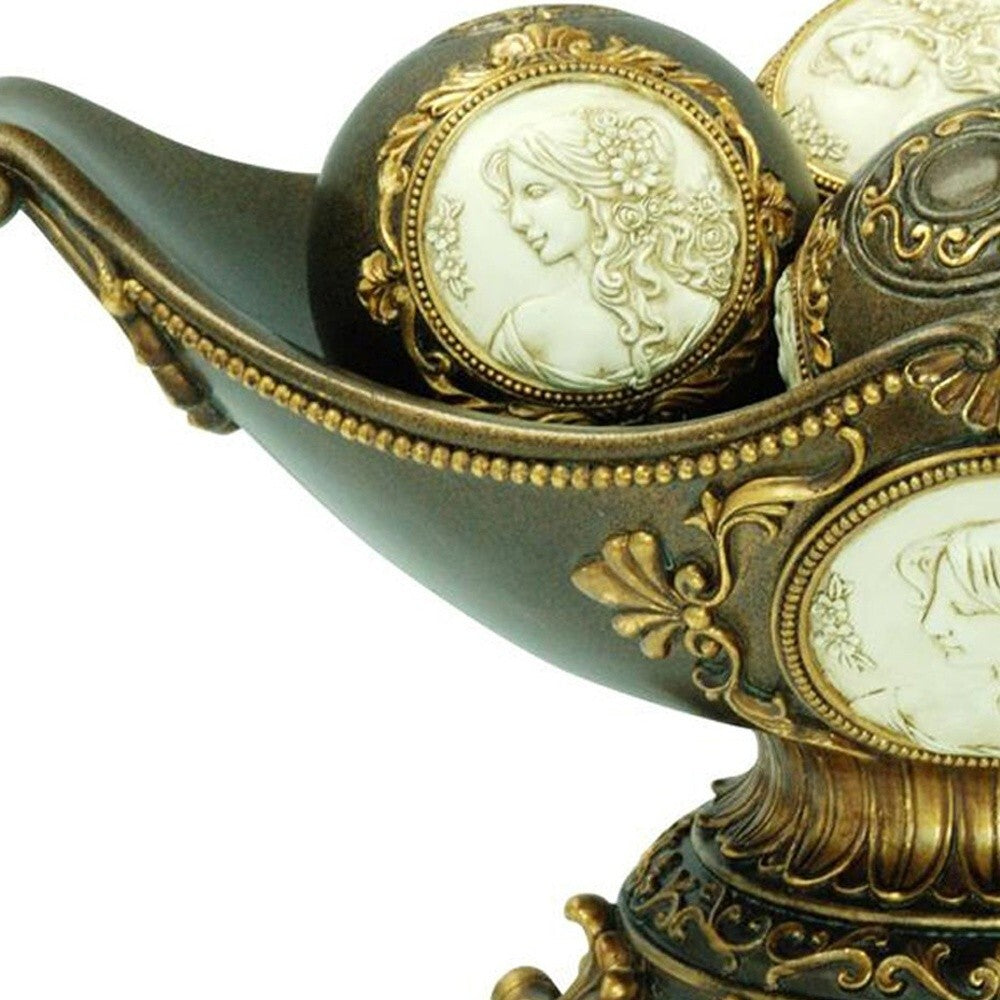 8" Bronze Polyresin Classical Greek Decorative Bowl With Orbs LuxuryLifeWay Online Store