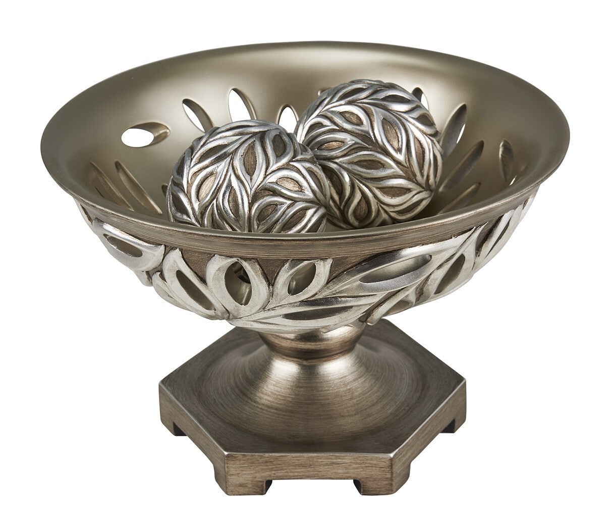 13" Brushed Silver Leaf Polyresin Decorative Pedestal Bowl with Orbs LuxuryLifeWay Online Store