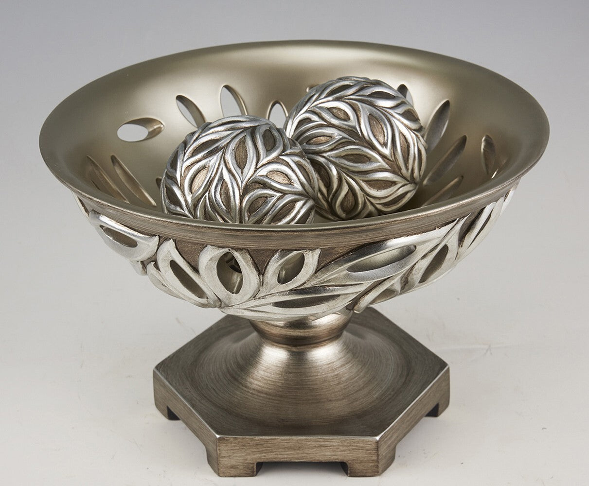 13" Brushed Silver Leaf Polyresin Decorative Pedestal Bowl with Orbs LuxuryLifeWay Online Store