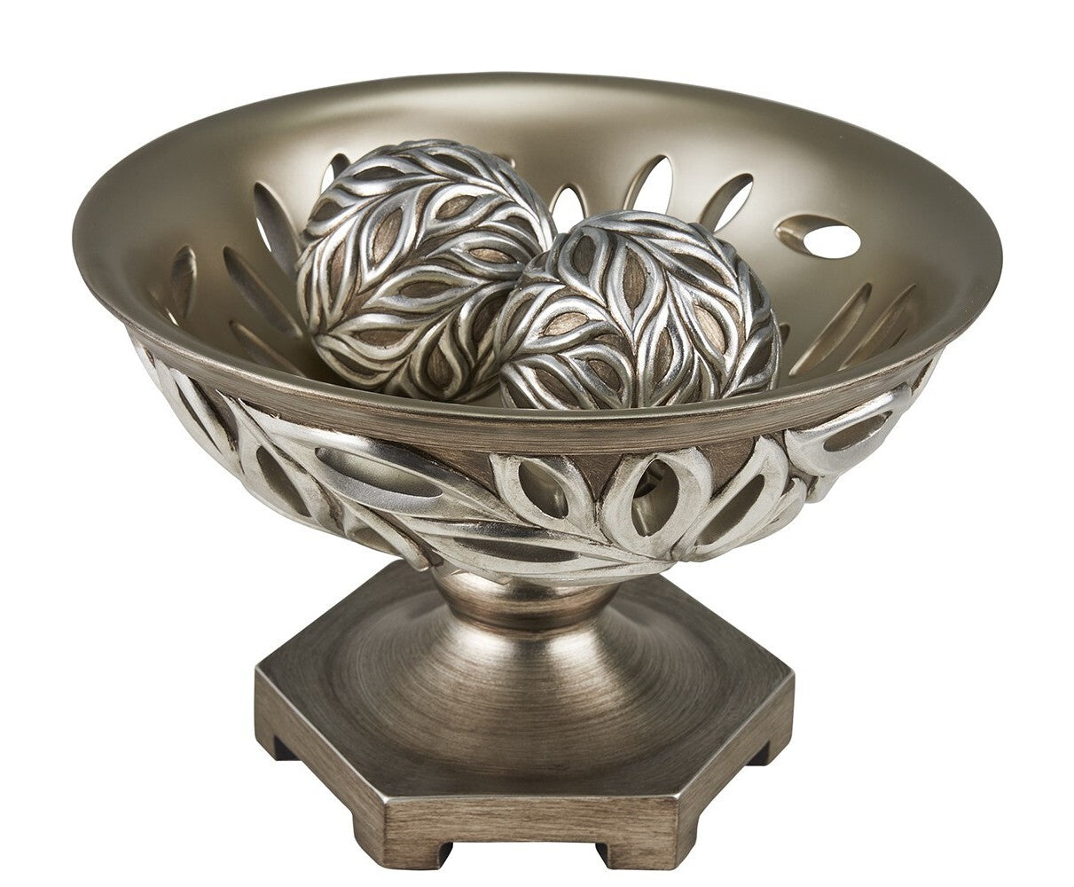 13" Brushed Silver Leaf Polyresin Decorative Pedestal Bowl with Orbs LuxuryLifeWay Online Store