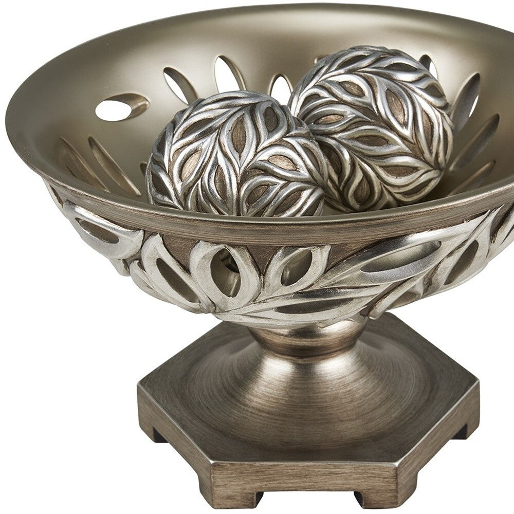 13" Brushed Silver Leaf Polyresin Decorative Pedestal Bowl with Orbs LuxuryLifeWay Online Store