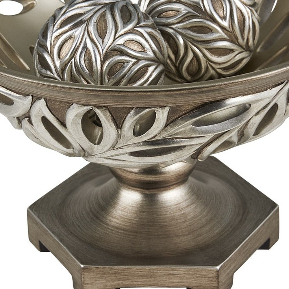 13" Brushed Silver Leaf Polyresin Decorative Pedestal Bowl with Orbs LuxuryLifeWay Online Store