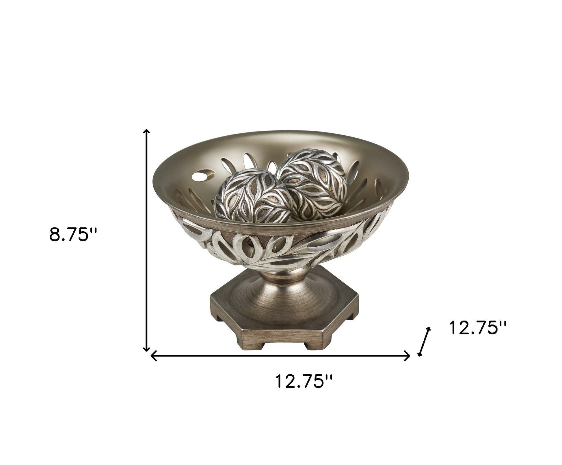 13" Brushed Silver Leaf Polyresin Decorative Pedestal Bowl with Orbs LuxuryLifeWay Online Store