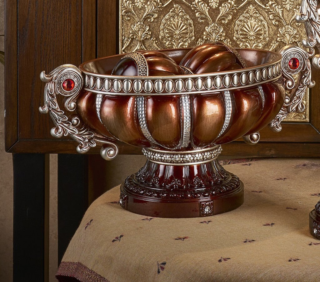 9" Reddish Bronze And Silver Polyresin Decorative Bowl With Orbs LuxuryLifeWay Online Store
