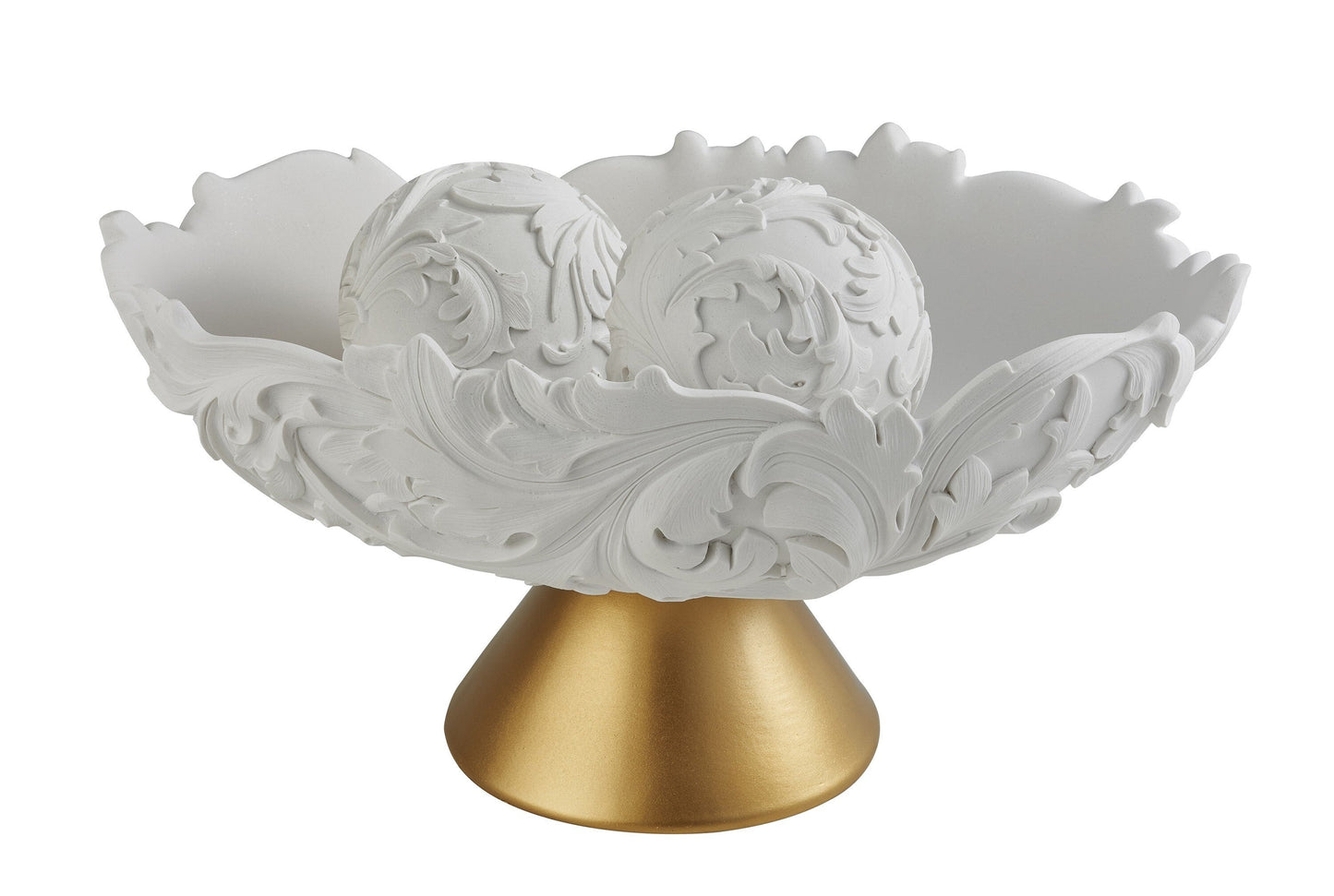 9" Matte Gold And White Polyresin Decorative Bowl With Orbs LuxuryLifeWay Online Store