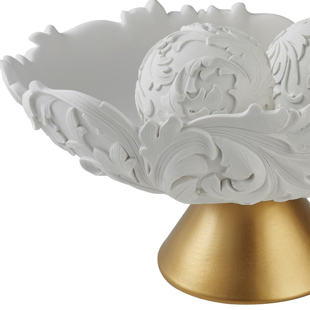 9" Matte Gold And White Polyresin Decorative Bowl With Orbs LuxuryLifeWay Online Store