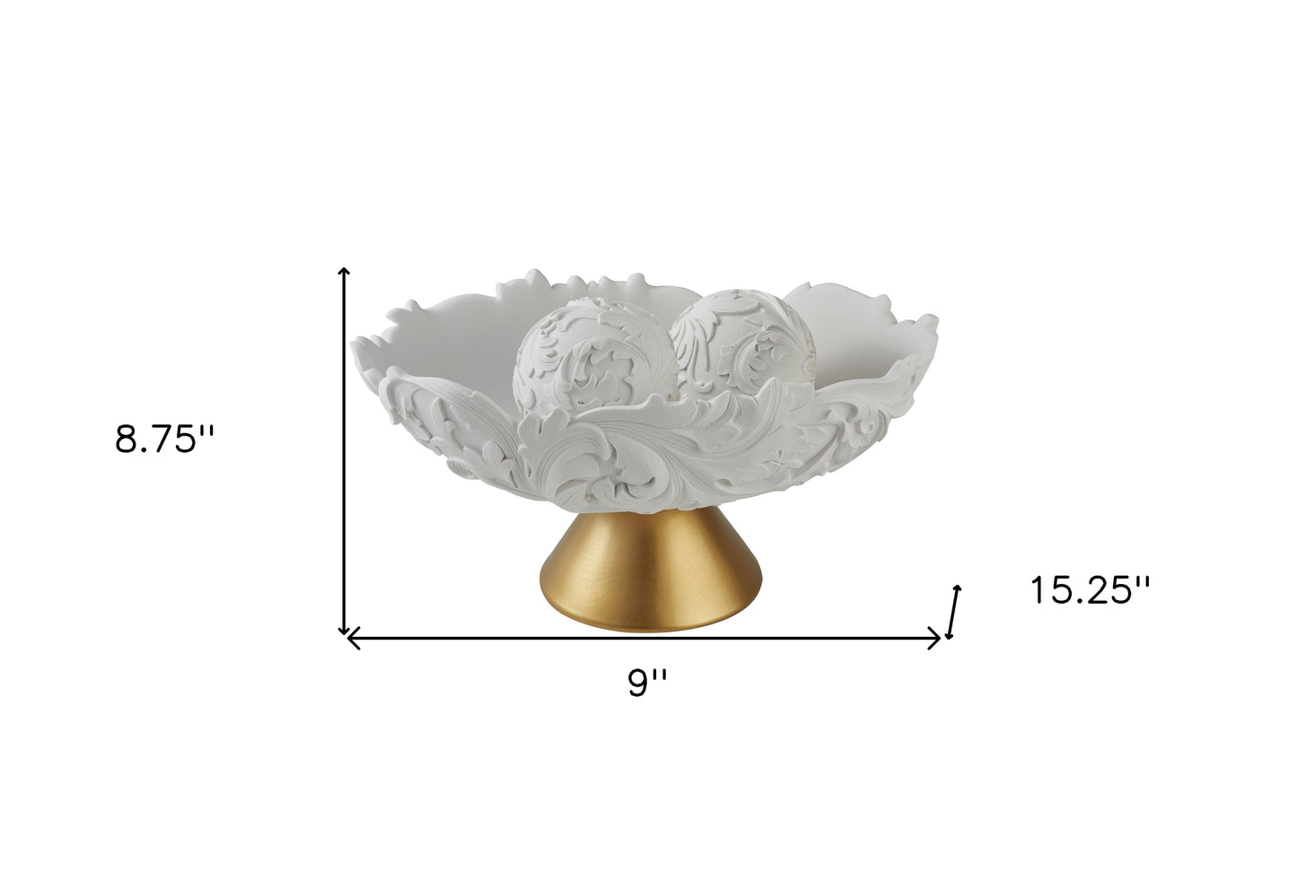 9" Matte Gold And White Polyresin Decorative Bowl With Orbs LuxuryLifeWay Online Store