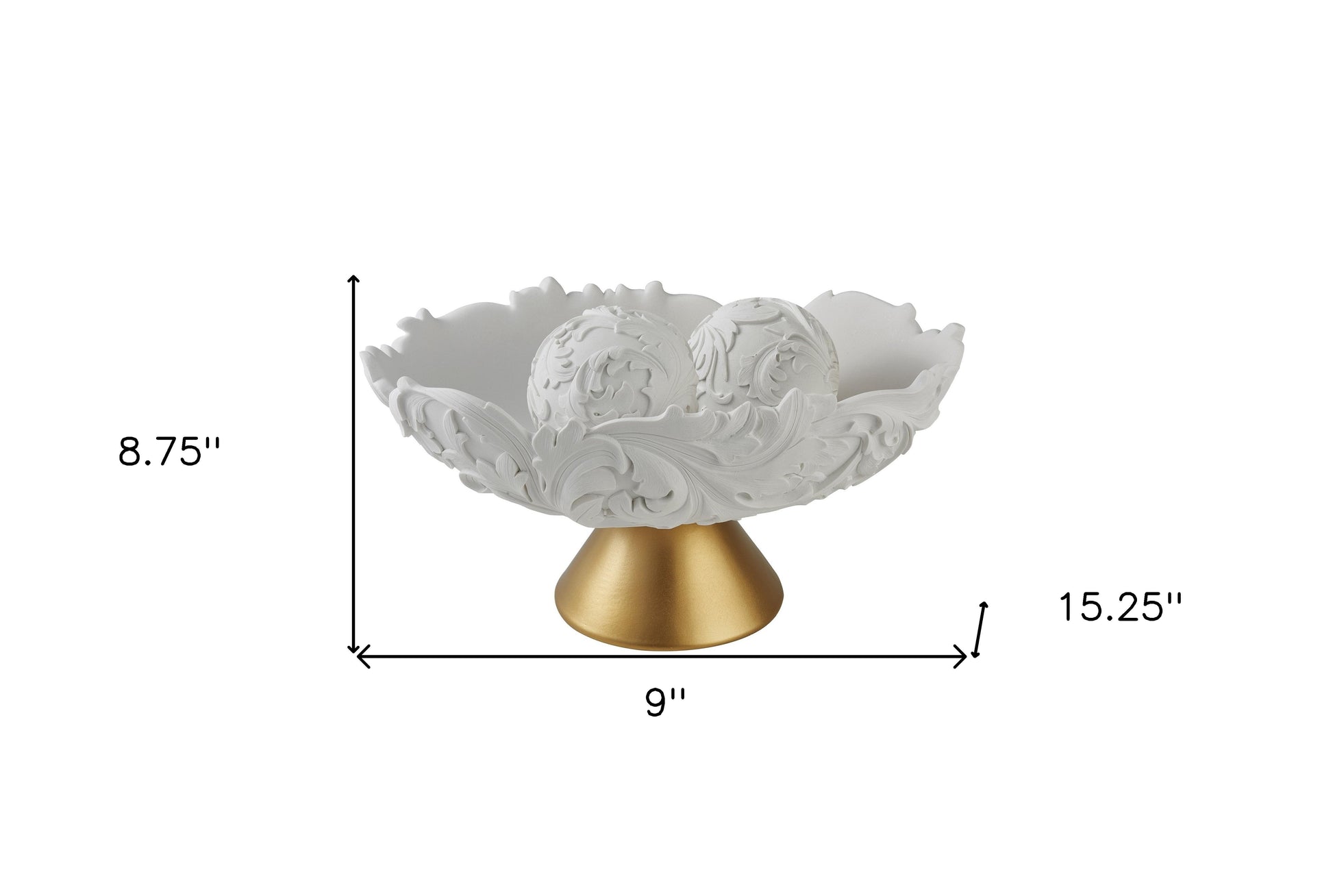 9" Matte Gold And White Polyresin Decorative Bowl With Orbs LuxuryLifeWay Online Store