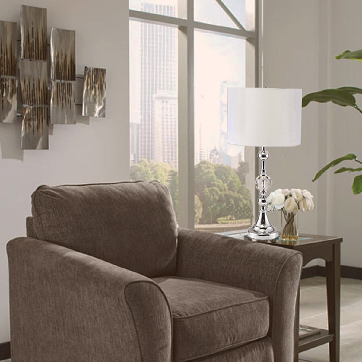 30" Silver Metal Bedside Table Lamp With White Classic Drum Shade LuxuryLifeWay Online Store