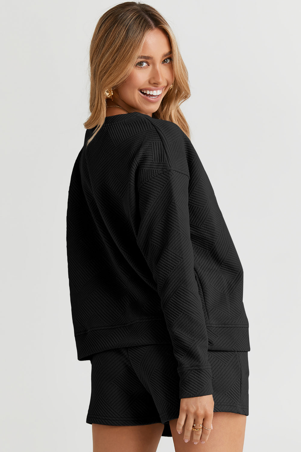 Adalyn Textured Long Sleeve Top and Drawstring Shorts Set LuxuryLifeWay Online Store