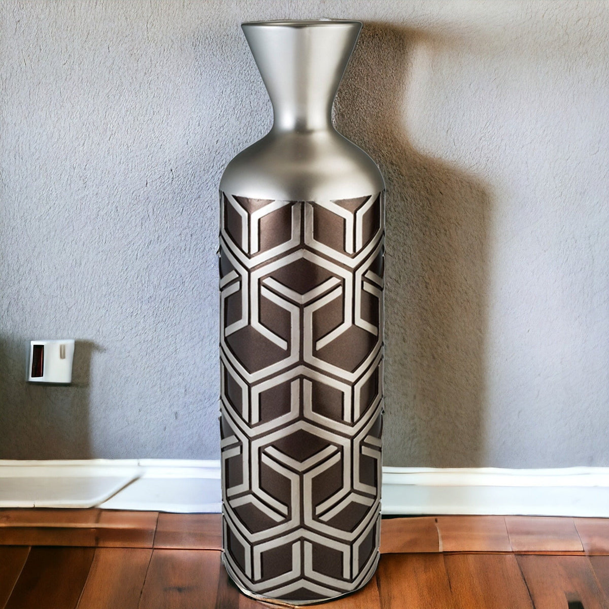 22" Brown and Silver Geometric Cylinder Polyresin Floor Vase LuxuryLifeWay Online Store