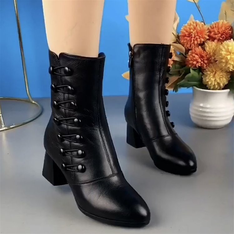 Soft Leather Ankle Boots Fashion Mid Heel Mid-calf High Heels LadyShow.Store