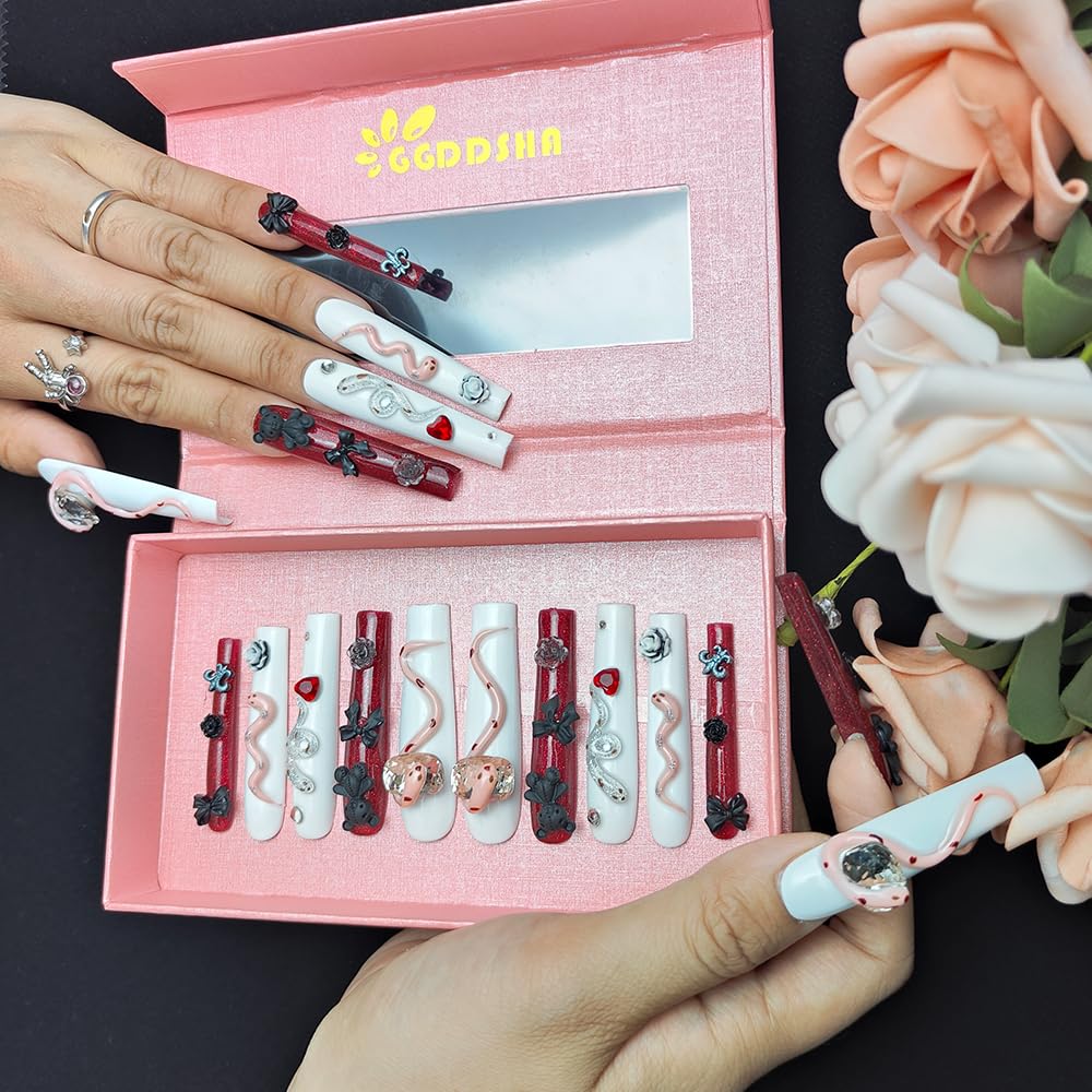 GGddsha Long Handmade PMMA Acrylic Press On Nails WithRhinestone Snake Rose Design, Dark Bear Nails,Reusable Fake Nails W Box, Gift For Women,Scarlet Serpentine