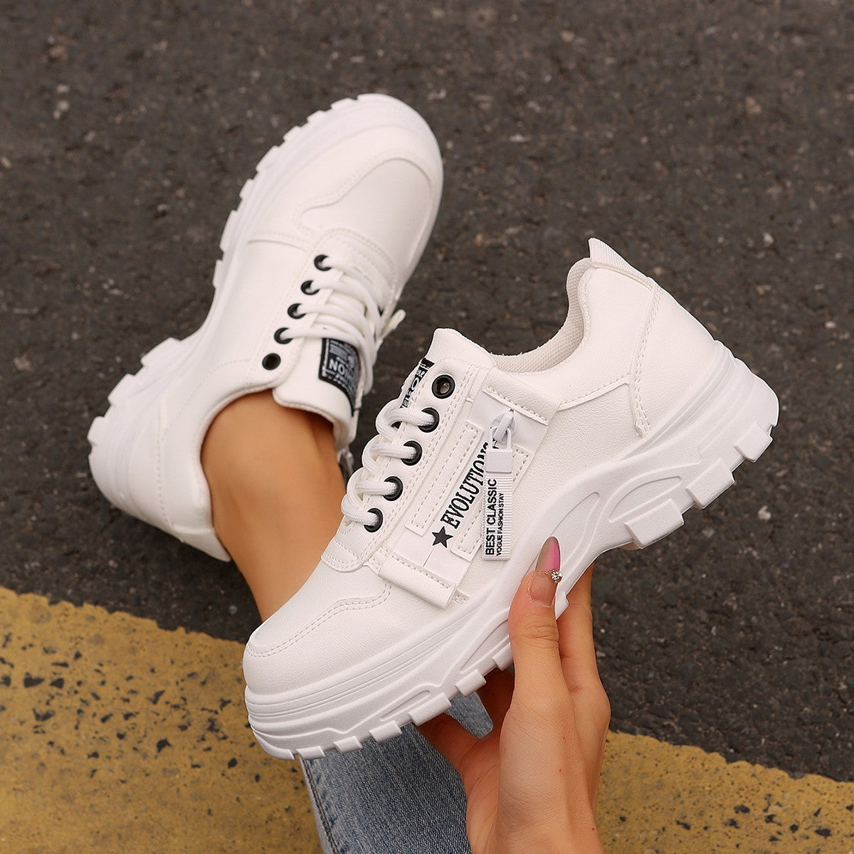 Lace-up Sports Shoes With Side-Zipper Design Fashion Thick-soled Round-toe Casual Shoes For Women Sneakers CJD