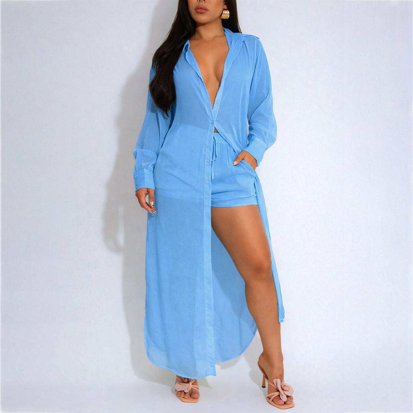 Sheer Long-sleeve Cardigan Buttoned Side-split Blouse And Shorts Set NorixaFashion.com