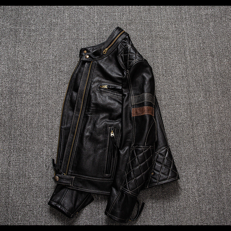 Men's Genuine Leather Biker Jacket with Protective Gear Pi-Mart