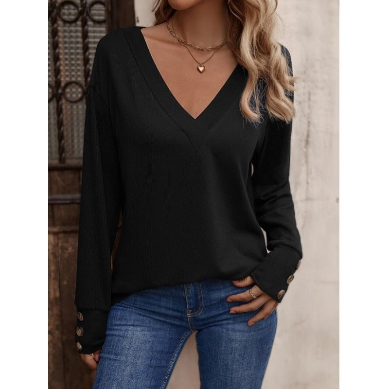 Autumn And Winter New Solid Color V-neck Loose Long-sleeved T-shirt Buttons NorixaFashion.com