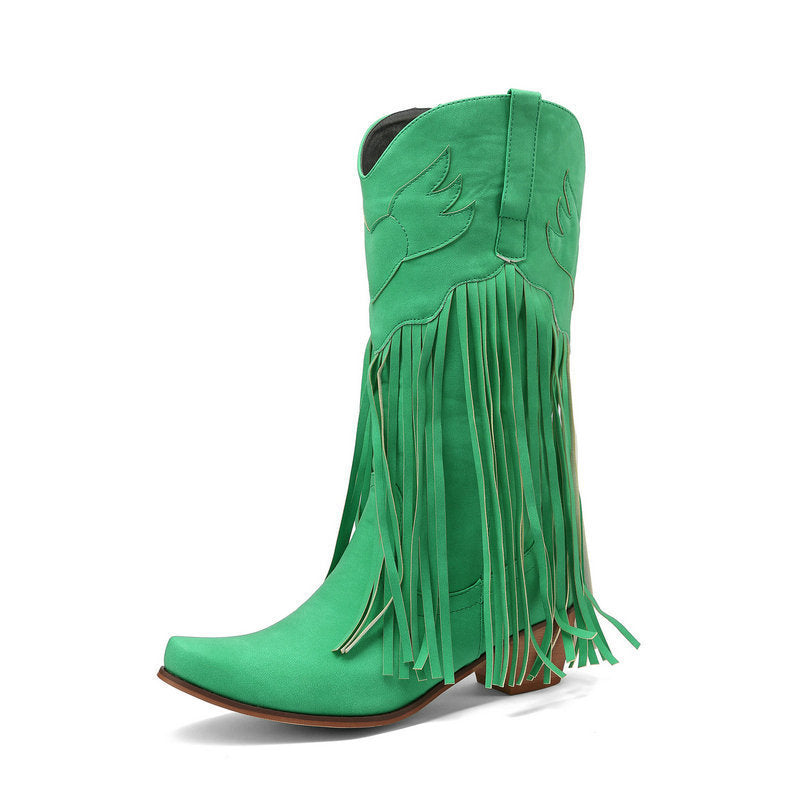 Womens Retro Mid-Calf Chunky Heel Round-Toe Boots LadyShow.Store