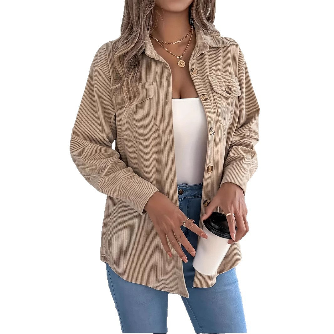 European And American Corduroy Striped Mid-length Coat Shirt NorixaFashion.com