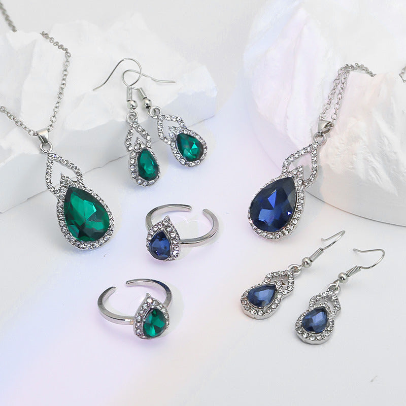 Light Luxury Zircon Necklace Earrings Open Ring Jewelry Suit LadyShow.Store