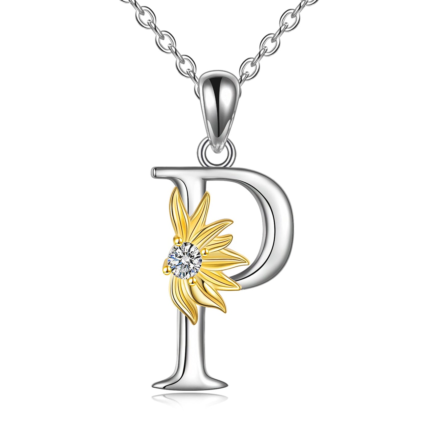 Sterling Silver Initial Alphabet Sunflower A Letter Script Name Pendant Necklace LadyShow.Store